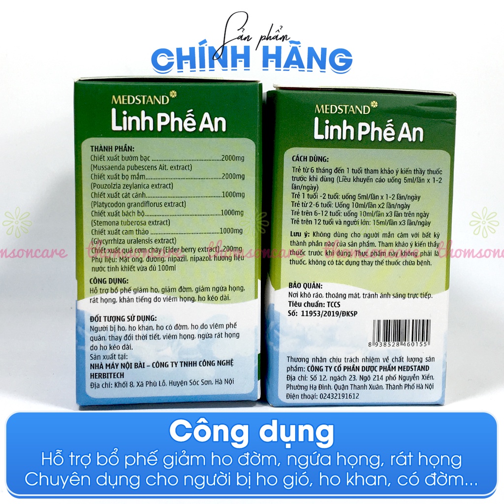 Siro ho thảo dược Linh Phế An bổ phế giảm ho loãng đờm cho trẻ do thay đổi thời tiết, đau họng Hộp 20 ống