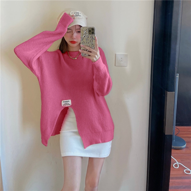 Áo sweater ZHELIHANGFEI tay dài dáng rộng xẻ tà phong cách sang trọng