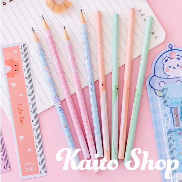 Bộ Bút Chì Kèm Tẩy Gôm + Thước Kẻ - Gọt Bút Chì 5 Món Hoạt Tiết Xinh Xắn Cute