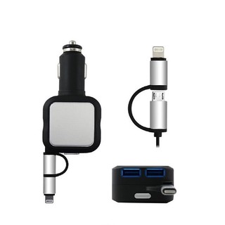 [TẶNG CHÂN TYPE-C] Tẩu sạc dây rút gọn ô tô 2 chân usb và 1 dây sạc thông minh dài 85 cm sẵn chân micro-usb và iphone