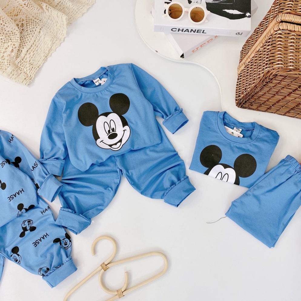 Bộ Quần Áo Dài Tay Mùa Thu In Hình Micky Xanh Trời Vải Cotton Hàng Quảng Châu Cho Bé Trai Từ 8-20kg Mã DT21