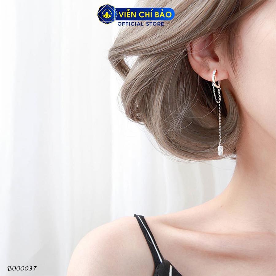 Bông tai bạc nữ móc tròn dây xích đính đá chất liệu bạc 925 thời trang phụ kiện trang sức nữ Viễn Chí Bảo B000037