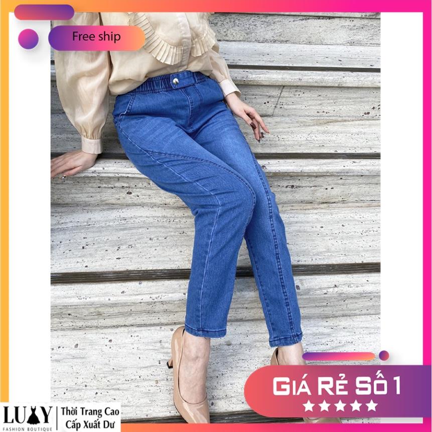 Quần jeans Baggy nữ ống rộng lưng cao, cạp chun co giãn 4 chiều Hàn Quốc vải bò dày đẹp Luxy V201 !