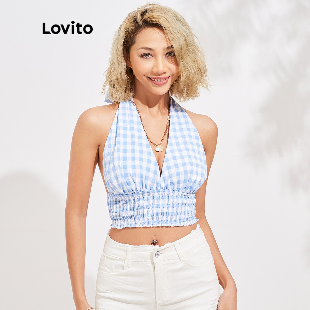 Áo Lovito cổ yếm vải kẻ caro phong cách vintage L16D033 (Màu xanh dương)