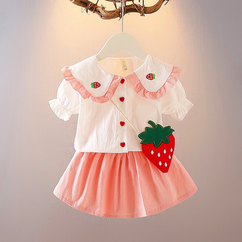 Set bé gái chân váy gồm túi trái dâu