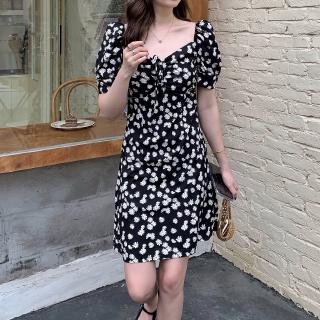 Đầm Tay Ngắn Cổ Chữ V Hoạ Tiết Hoa Phong Cách Hàn Quốc