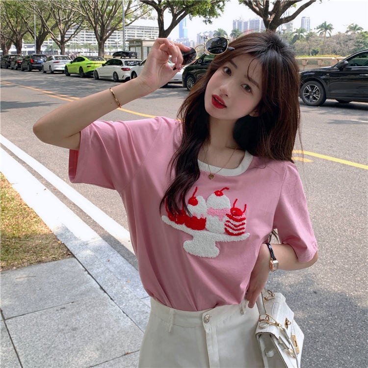 Áo Thun Tay Ngắn Cổ Thêu Mới Cho Nữ