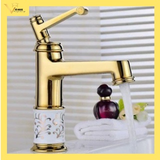 Vòi lavabo inox 304 hoa văn vàng, vòi rửa mặt inox 304 hoa văn vàng