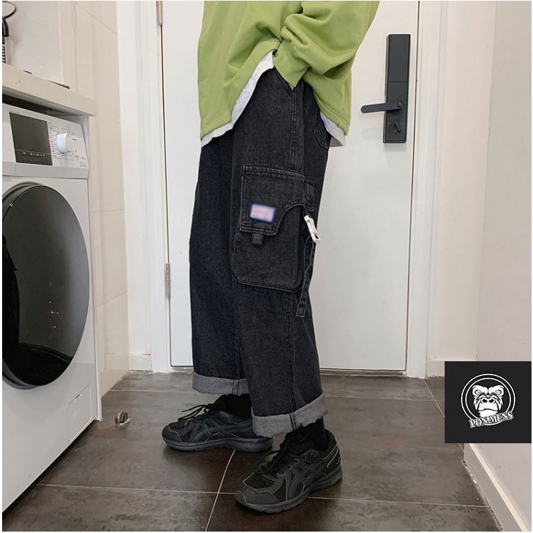 Quần jean túi hộp unisex nam nữ ống rộng màu đen cao cấp 2021 Pon.mens | BigBuy360 - bigbuy360.vn