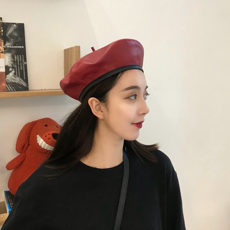 Mũ Beret Da pu Màu Trơn Thời Trang Hàn Quốc