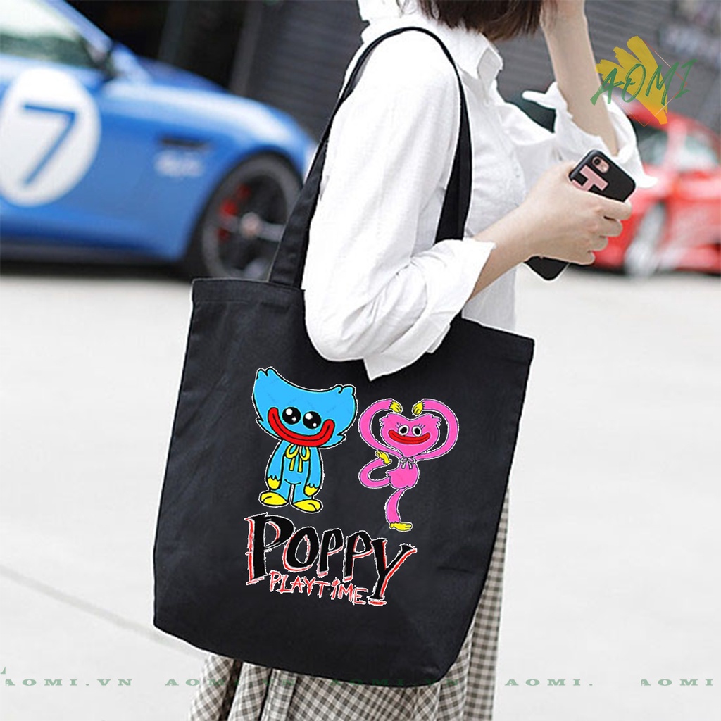 TOTE CANVAS Poppy Playtime Huggy Wuggy TÚI VẢI ĐEO VAI BAG CÓ KHÓA KÉO SIZE LỚN 33x38cm AOMIVN DU LỊCH DẠO PHỐ AOMI