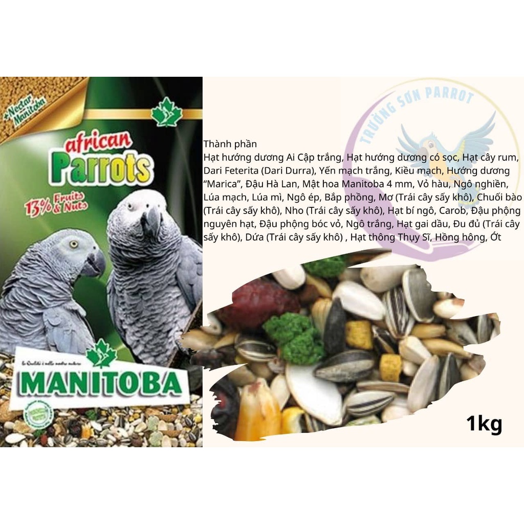 Hạt trộn hoàn chỉnh AFRICAN PARROTS gói nguyên 2KG của MANITOBA chuyên dùng cho tất cả dòng vẹt xám Châu Phi