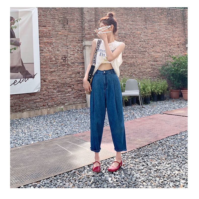 Quần Jean Ống Rộng Lưng Cao Phong Cách Hàn Quốc