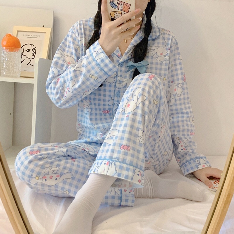set đồ ngủ nữ pyjama tay dài hoạ tiết thỏ Cinnamoroll kẻ sọc Basic Hàn Quốc [N15]