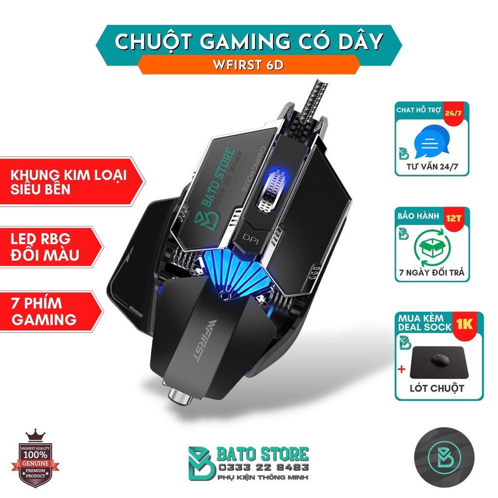 Chuột Gaming Có Dây Cao Cấp WFIRST 6D Khung Kim Loại, 7 Phím Bấm, Macro Led RGB đổi màu - Thết kế hợp kim cực chất.