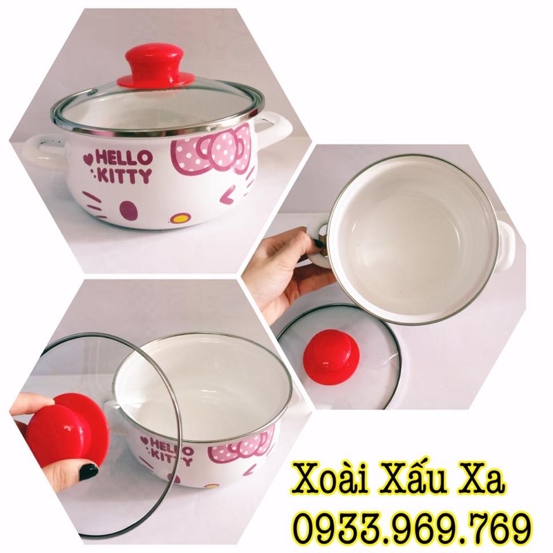 nồi tráng men sứ nắp thuỷ tinh hình mèo kitty dễ thương ( lỗi tróc hình nhẹ)