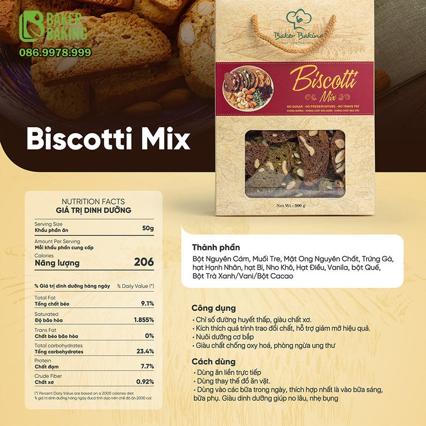 Bánh Biscotti Mix❤️FREESHIP❤️Bánh ăn kiêng không đường,không chất bảo quản nguyên cám 100% nguyên liệu cao cấp, hộp 500g
