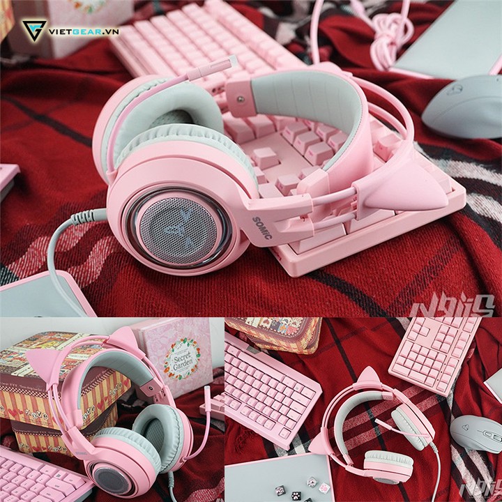 Tai nghe tai mèo Somic G951 Pink Edition, âm thanh giả lập 7.1 cao cấp