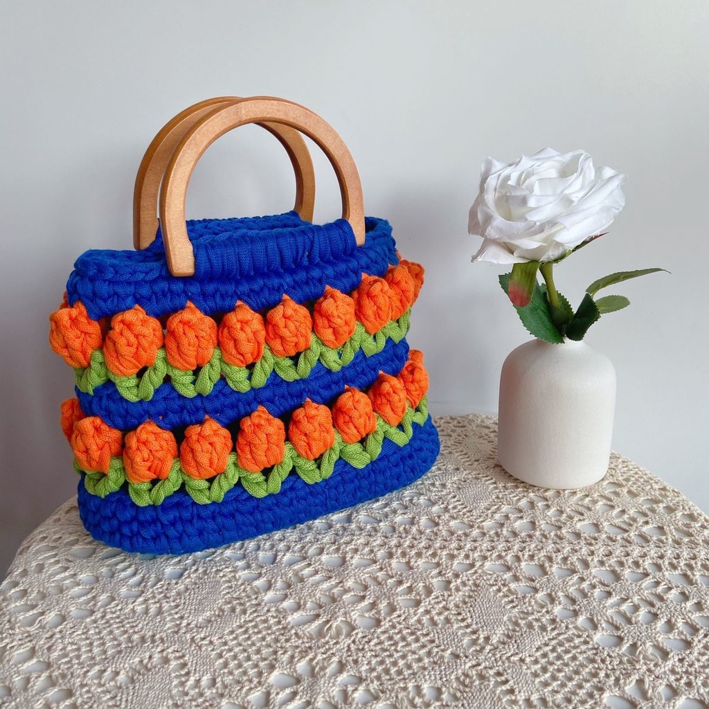 Vải sợi len móc túi xách hoa tulip tay xách bằng gỗ DIY