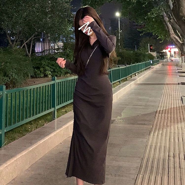 COZOK Đầm Tay Dài Cổ polo Xẻ Tà Dáng Ôm Thời Trang Dễ Phối Đồ