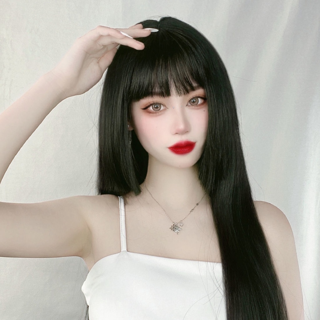 Bộ Tóc Giả Dài Thẳng Màu Đen Phong Cách lolita Cho Nữ