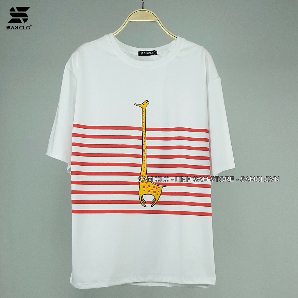 Áo thun tay lỡ nữ freesize phông form rộng dáng Unisex - Ulzzang mặc cặp, nhóm, lớp sọc in hình HƯƠU CAO CỔ
