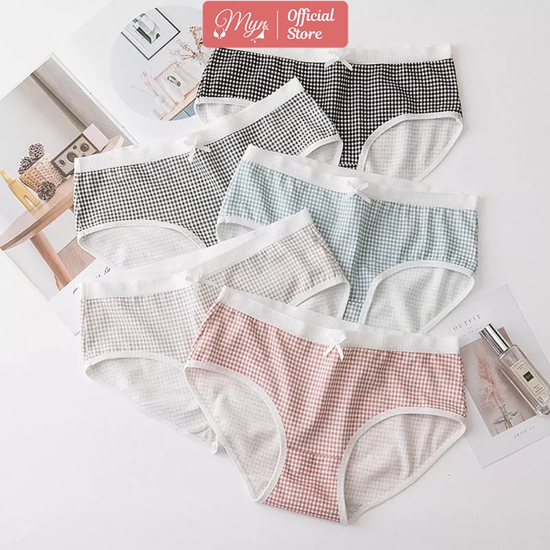 Quần lót nữ cotton đính nơ kẻ ô vuông nhỏ Q 123 MYN_UNDERWEAR