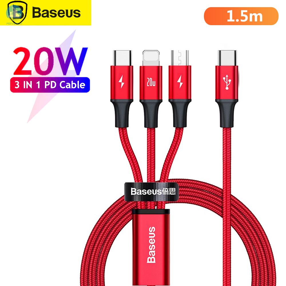 MI  Baseus 3 in 1 Cable Rapid Series PD 20W Fast Charging Cord Type-C to Micro USB/Type-C/ Data Sync Cable Compatible f