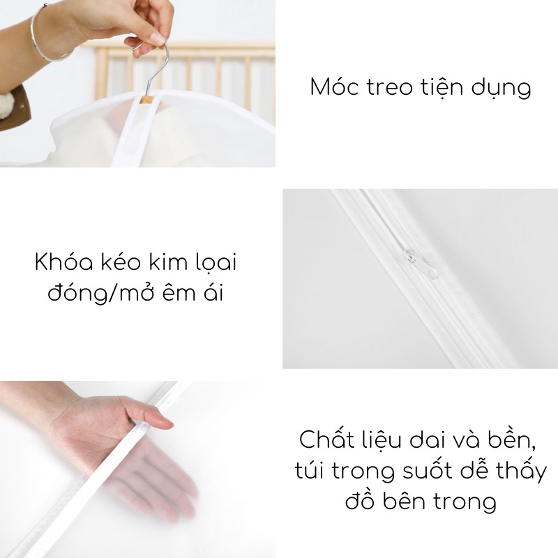 Túi bọc quần áo chống bụi bẩn, nấm mốc, không thấm nước. Kích thước đa dạng phù hợp với mọi loại quần áo