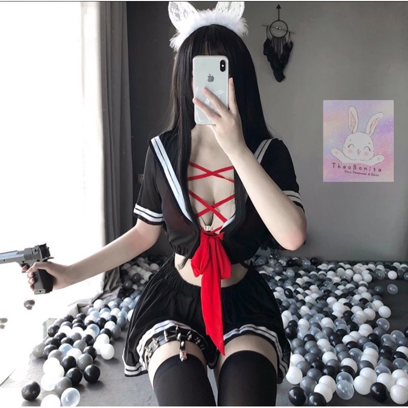 FULL set 4 chi tiết học sinh siêu Sexy- Kèm bra, chip đan dây