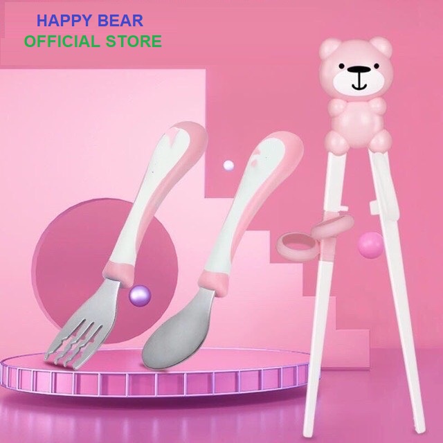 Sét thìa đũa dĩa inox, thìa đũa tập ăn Hàn Quốc cho bé - HAPPY BEAR