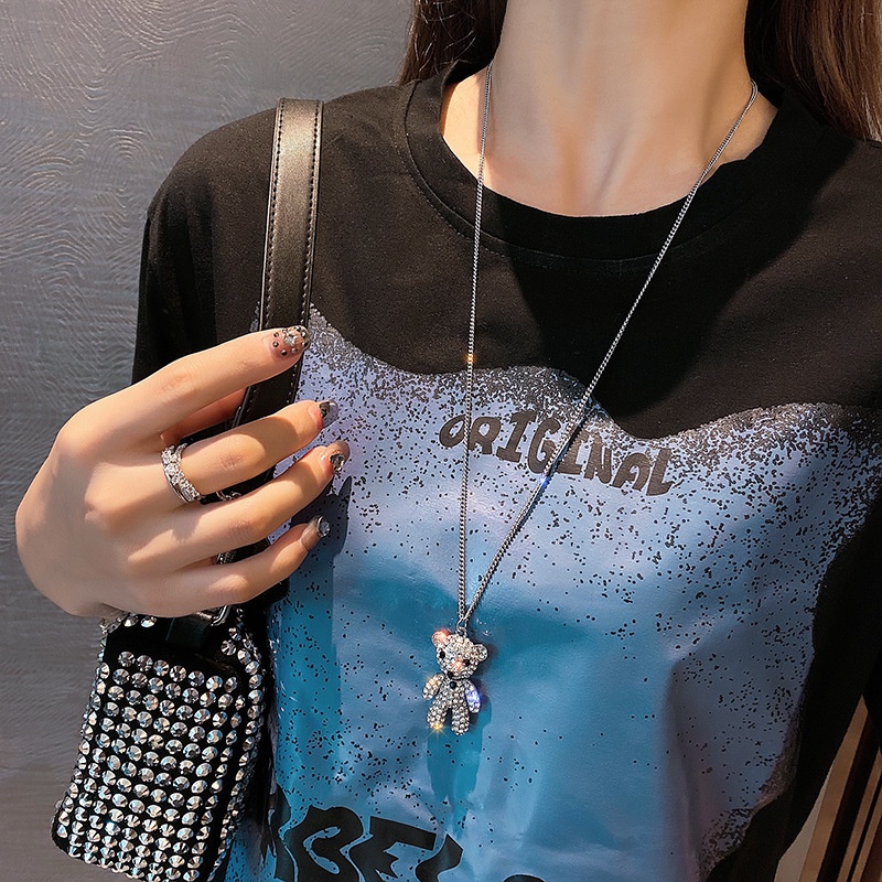 Vòng cổ Hai Lớp Bằng Thép Titan Cao Cấp Hình Gấu Đính Kim Cương Sang Trọng