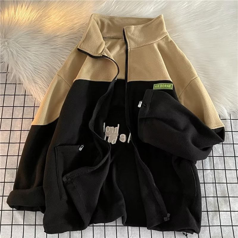 Áo Khoác Hoodie Dáng Rộng Phối Khóa Kéo Kiểu Retro Đường Phố Mỹ Cá Tính