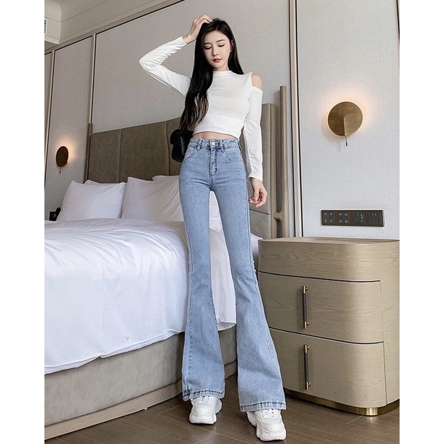 Quần Jeans Ống Loe Trơn Lưng Cao, Hàng Cao Cấp Co Giãn Tốt, Quần Bò Ống Loe Gấu Thường