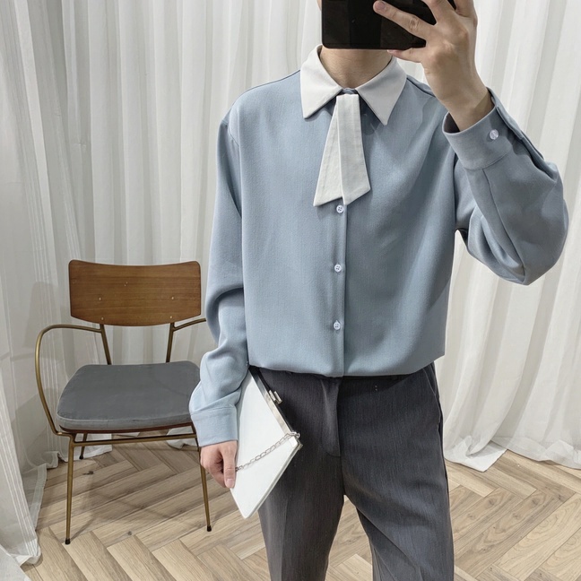 Áo Sơ Mi Trơn Tay Dài Dáng Rộng Thoáng Khí Phong Cách Hip Hop Đường Phố Hàn Quốc Cho Nam