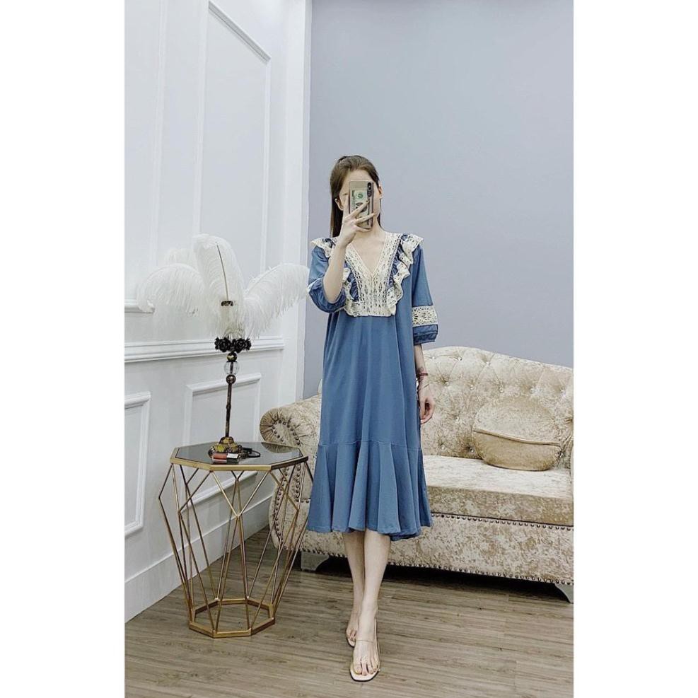 Đầm bầu thời trang thiết kế ren ngực MB60 chất đũi hàn freesize từ 45 đến 70kg