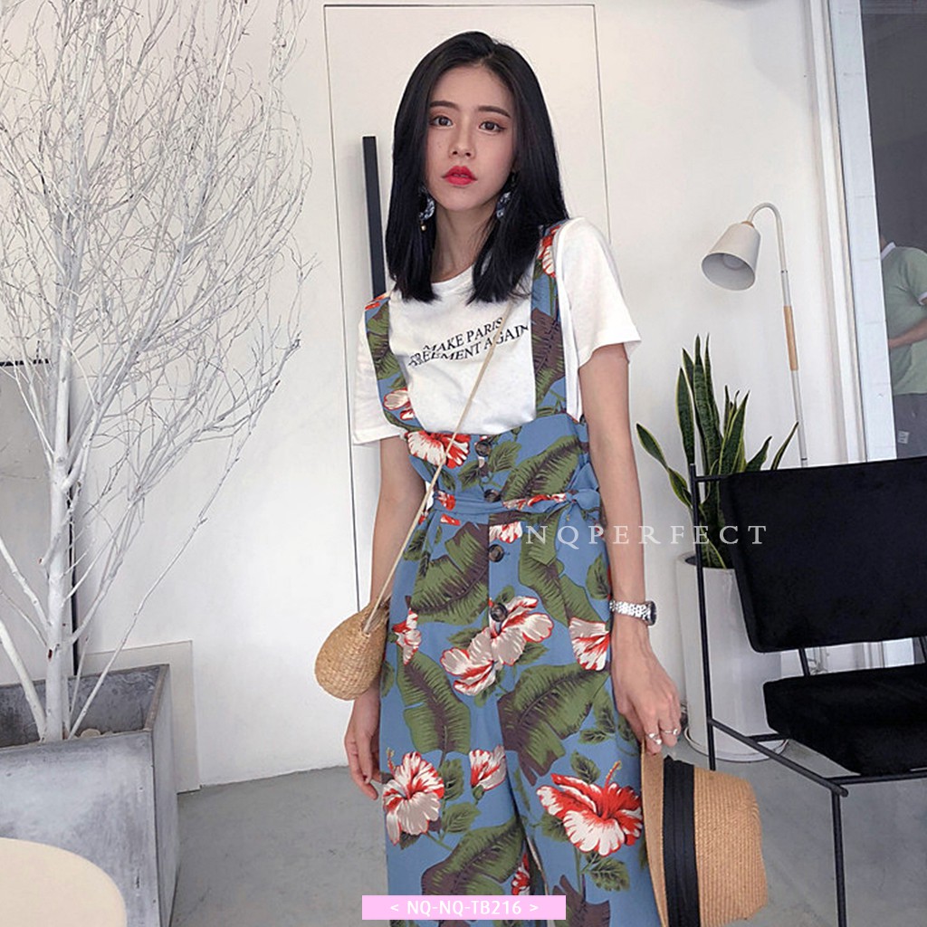 Set thời trang jumpsuit ngắn tay (T-Shirt + Jumpsuit dây eo cao) in hoa phong cách retro