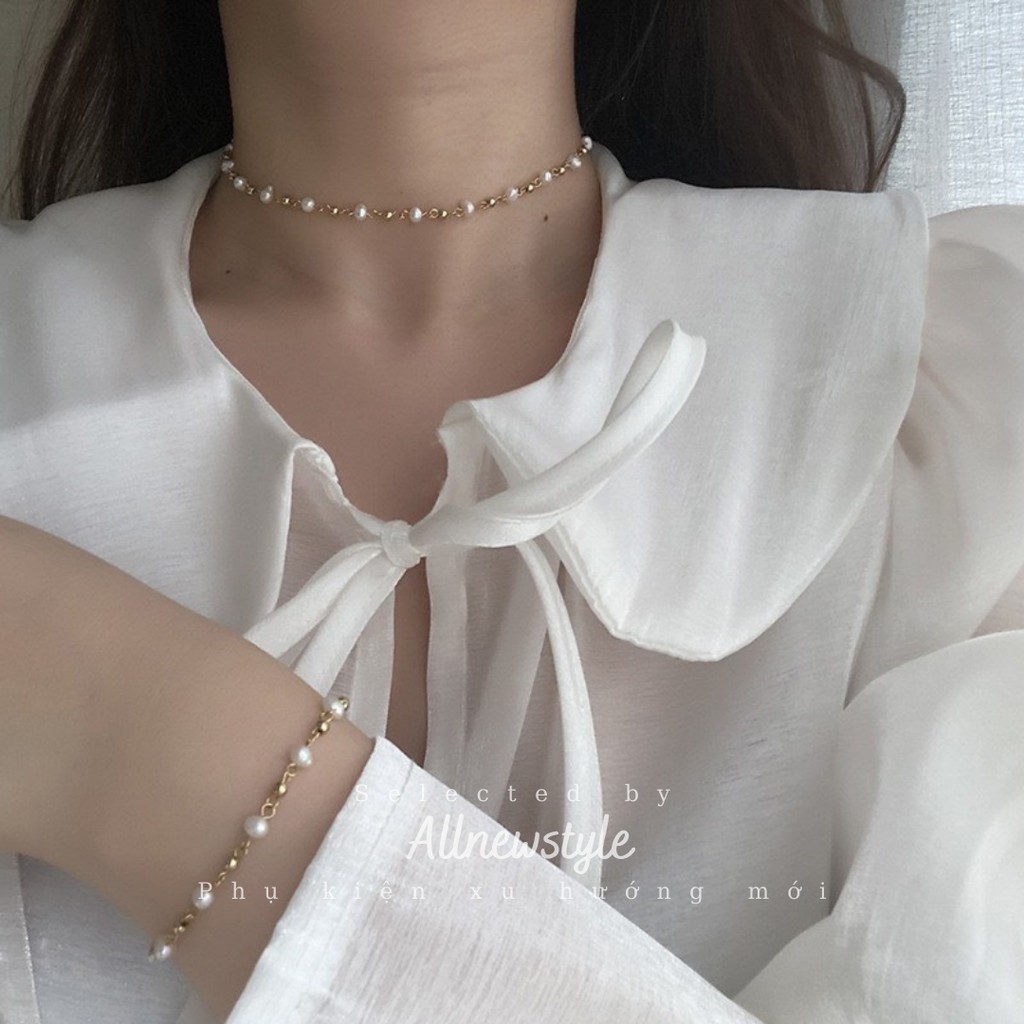 Vòng tay &amp; vòng cổ thép chuỗi hạt ngọc trai nuôi nhân tạo Allnewstyle