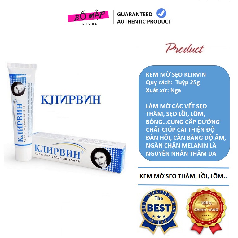 Kem mờ sẹo KLIRVIN, mờ thâm, sẹo lồi, sẹo lõm, sẹo do mụn 25g