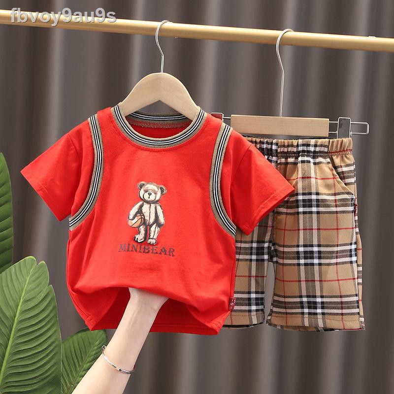 quần gái✧Bộ quần áo trẻ em nam mùa hè 2021 mới đẹp trai phong cách nước ngoài lưới màu đỏ thời trang Hai - đồ