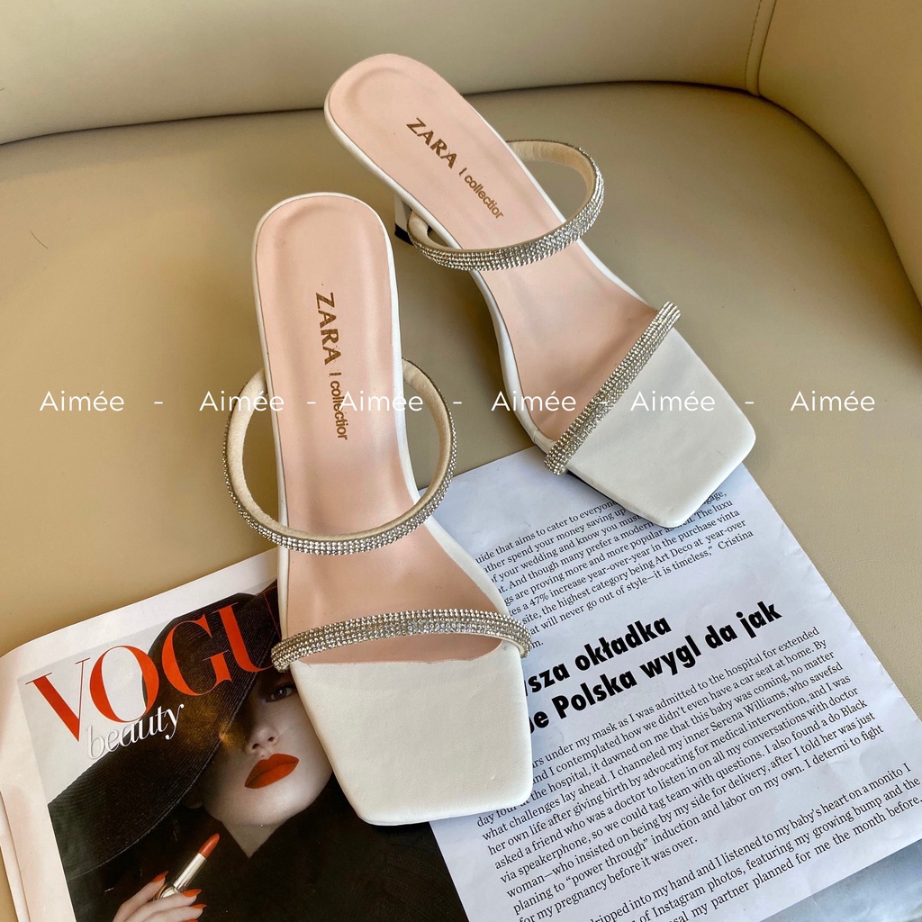 Dép Guốc Hai Dây Đính Đá 2 Mảnh 7 Phân Đế Nhọn Lên Chân Cực Xinh