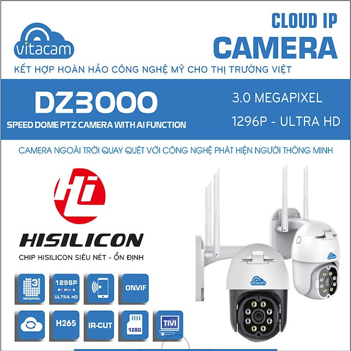 Camera Vitacam DZ3000 3.0Mpx 1296p Kèm thẻ nhớ Netac 32gb đến 128gb