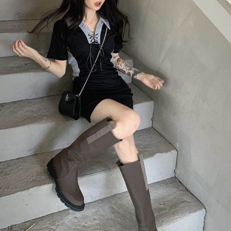 Đầm Ngắn Ôm Eo Cao Màu Đen Có Cổ Thời Trang Mùa Hè Dành Cho Nữ