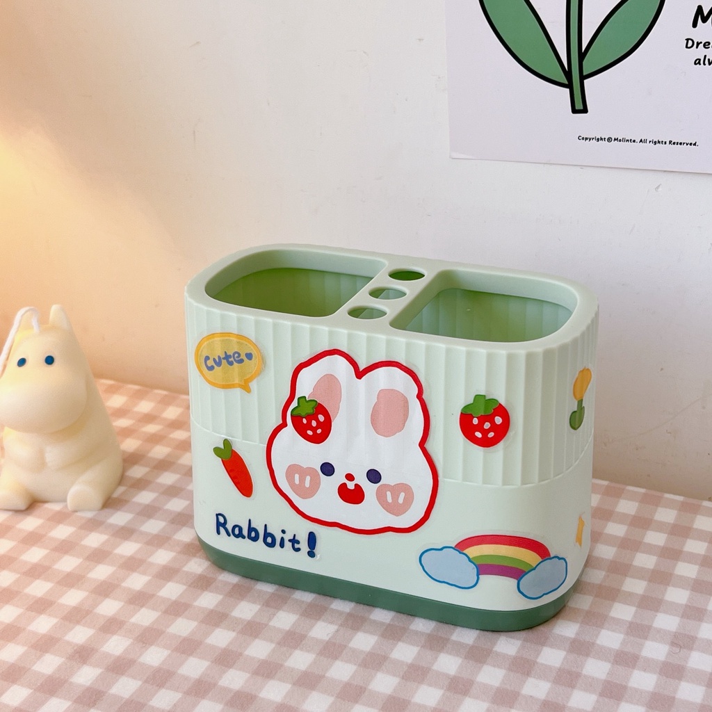 MVP2515 Hộp đựng bút hai ngăn để bàn họa tiết hoạt hình dễ thương kèm sticker