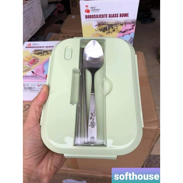 Hộp thủy tinh 3 ngăn 1000ml có đũa thìa inox cho bữa trưa an toàn dùng mang cơm đi làm, đi dã ngoại