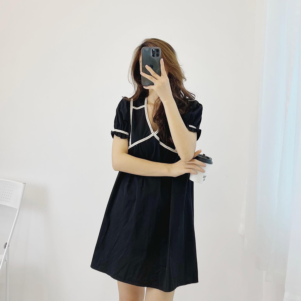 (FREESHIP) Đầm suông ngắn viền cổ chỉ nổi trắng