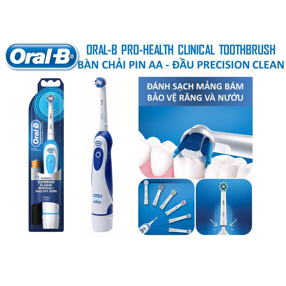 Bàn Chải Điện ❤ FREESHIP ❤Bàn Chải Pin Oral-B Pro-Health Clinical - Đầu Precision Clean, Màu xanh - Dùng pin AA ,Oral-b