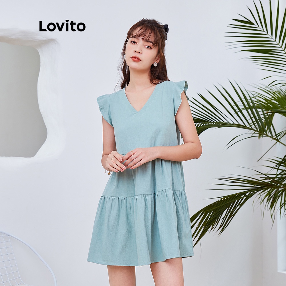 Đầm mini Lovito dáng chữ A cổ chữ V dáng rộng viền xếp nếp dễ thương màu trơn giản dị DRLQFSP2075 (xanh lá)