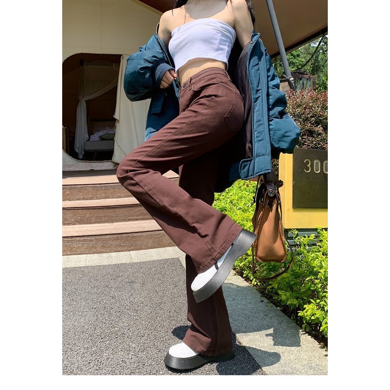 Quần Jean Ống Loe Lưng Cao Màu Nâu Thời Trang Thu Đông Hàng Mới 2022 Dành Cho Bạn Nữ