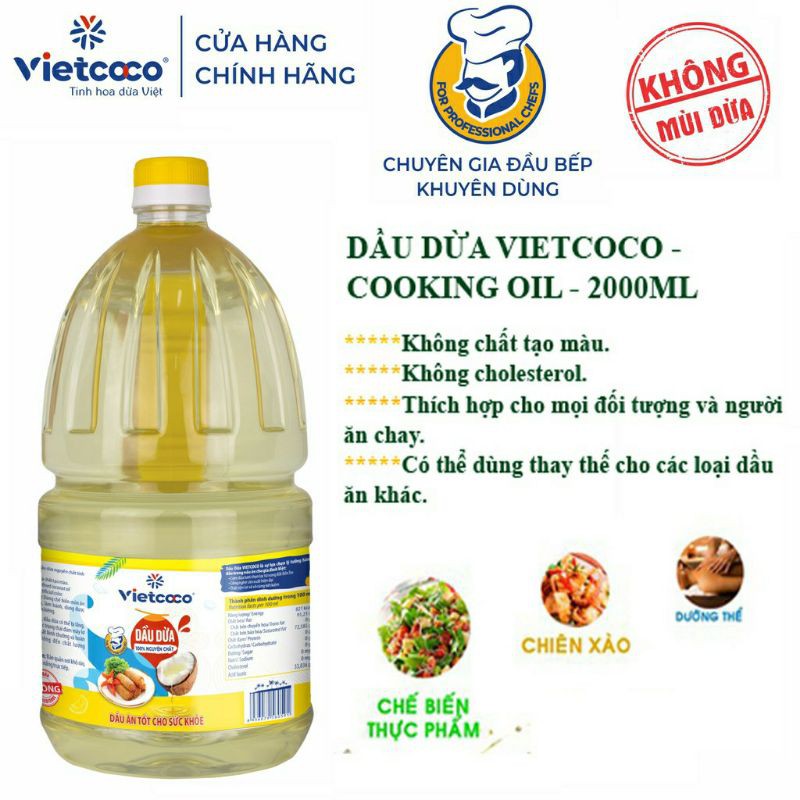 Dầu dừa tinh luyện chai 2lít Vietcoco- Dùng Nấu Ăn